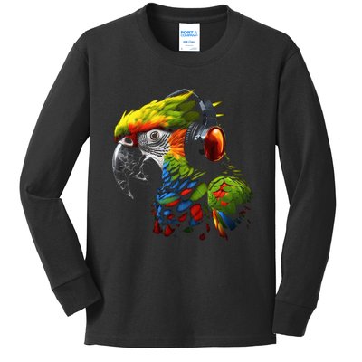 Parrot Music Art Headphones Musicians Animal Bird Parrot Kids Long Sleeve Shirt