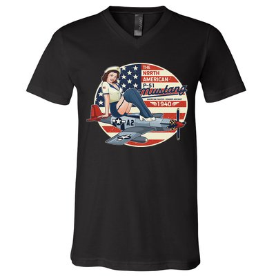 P51 Mustang Airplane S For Wwii Pinup V-Neck T-Shirt