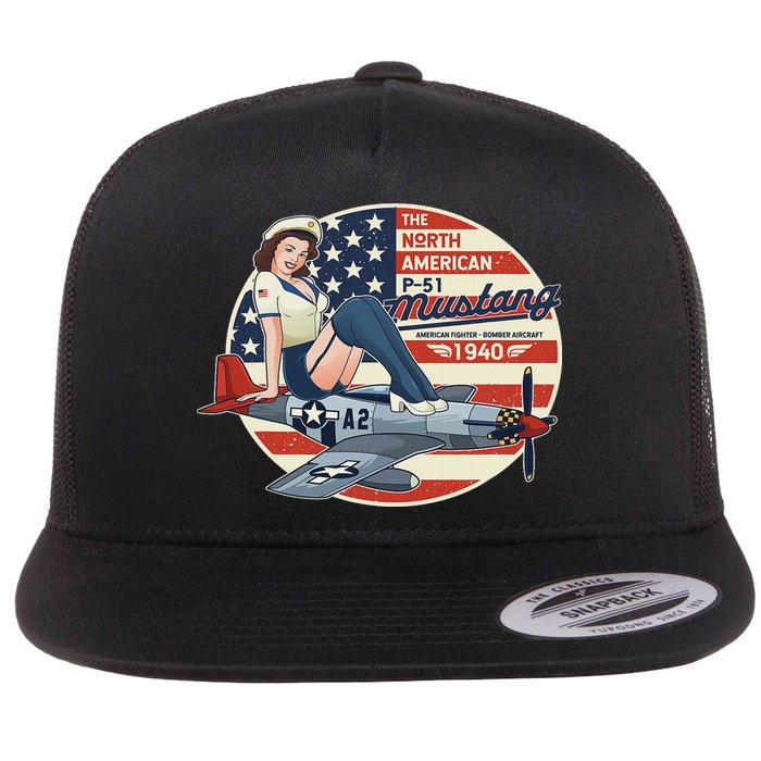 P51 Mustang Airplane S For Wwii Pinup Flat Bill Trucker Hat