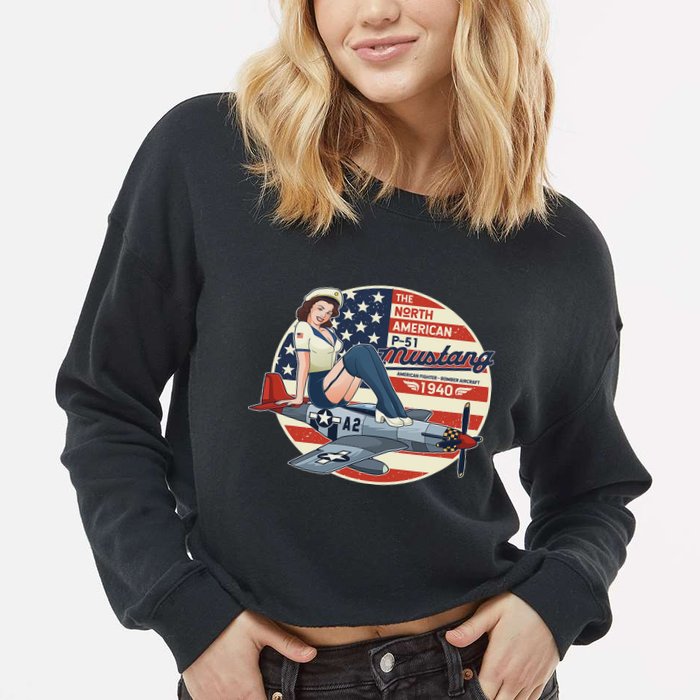 P51 Mustang Airplane S For Wwii Pinup Cropped Pullover Crew
