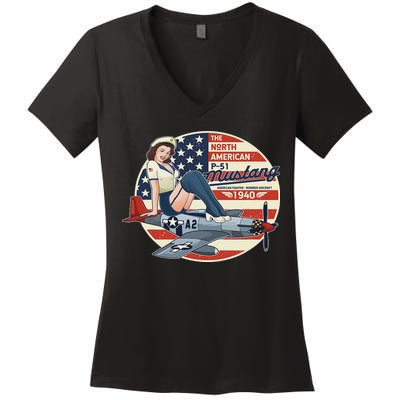 P51 Mustang Airplane S For Wwii Pinup Women's V-Neck T-Shirt