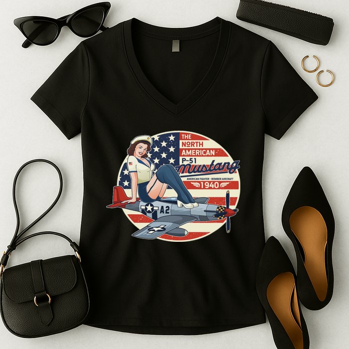 P51 Mustang Airplane S For Wwii Pinup Women's V-Neck T-Shirt