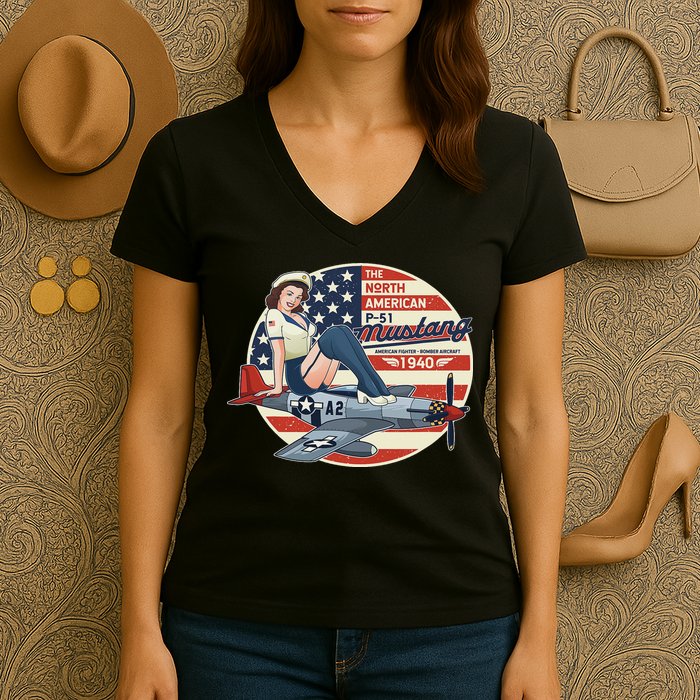 P51 Mustang Airplane S For Wwii Pinup Women's V-Neck T-Shirt