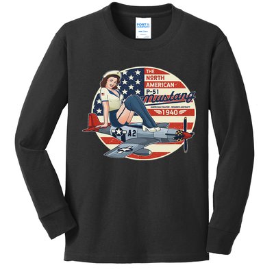 P51 Mustang Airplane S For Wwii Pinup Kids Long Sleeve Shirt