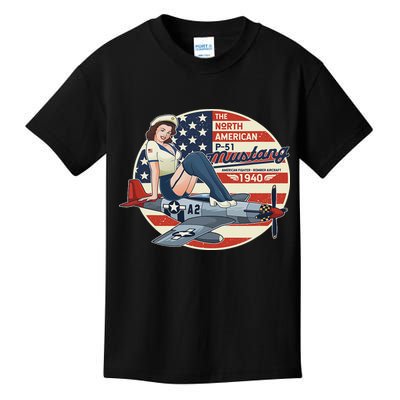 P51 Mustang Airplane S For Wwii Pinup Kids T-Shirt