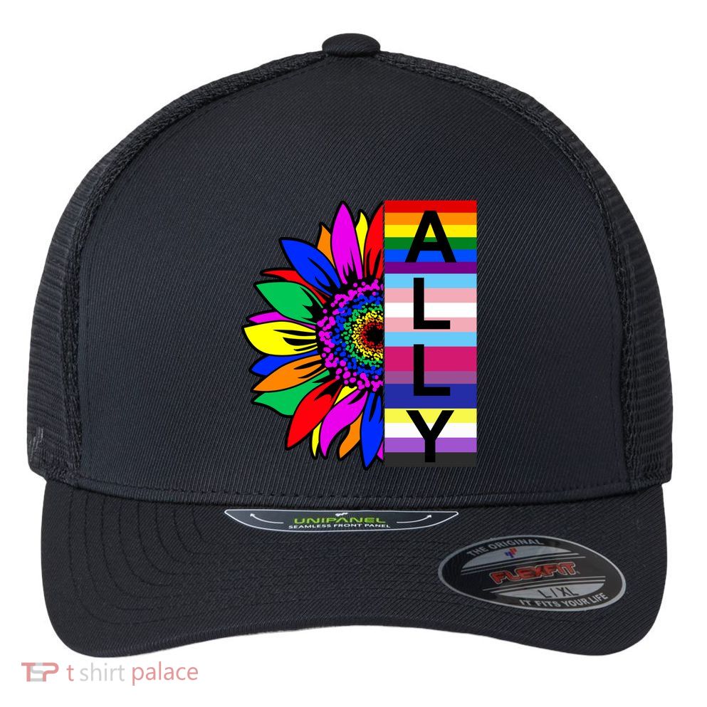 Pride Month Ally Rainbow Sunflower Flexfit Unipanel Trucker Cap