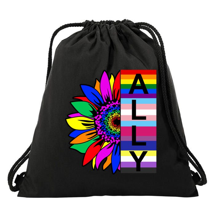 Pride Month Ally Rainbow Sunflower Drawstring Bag