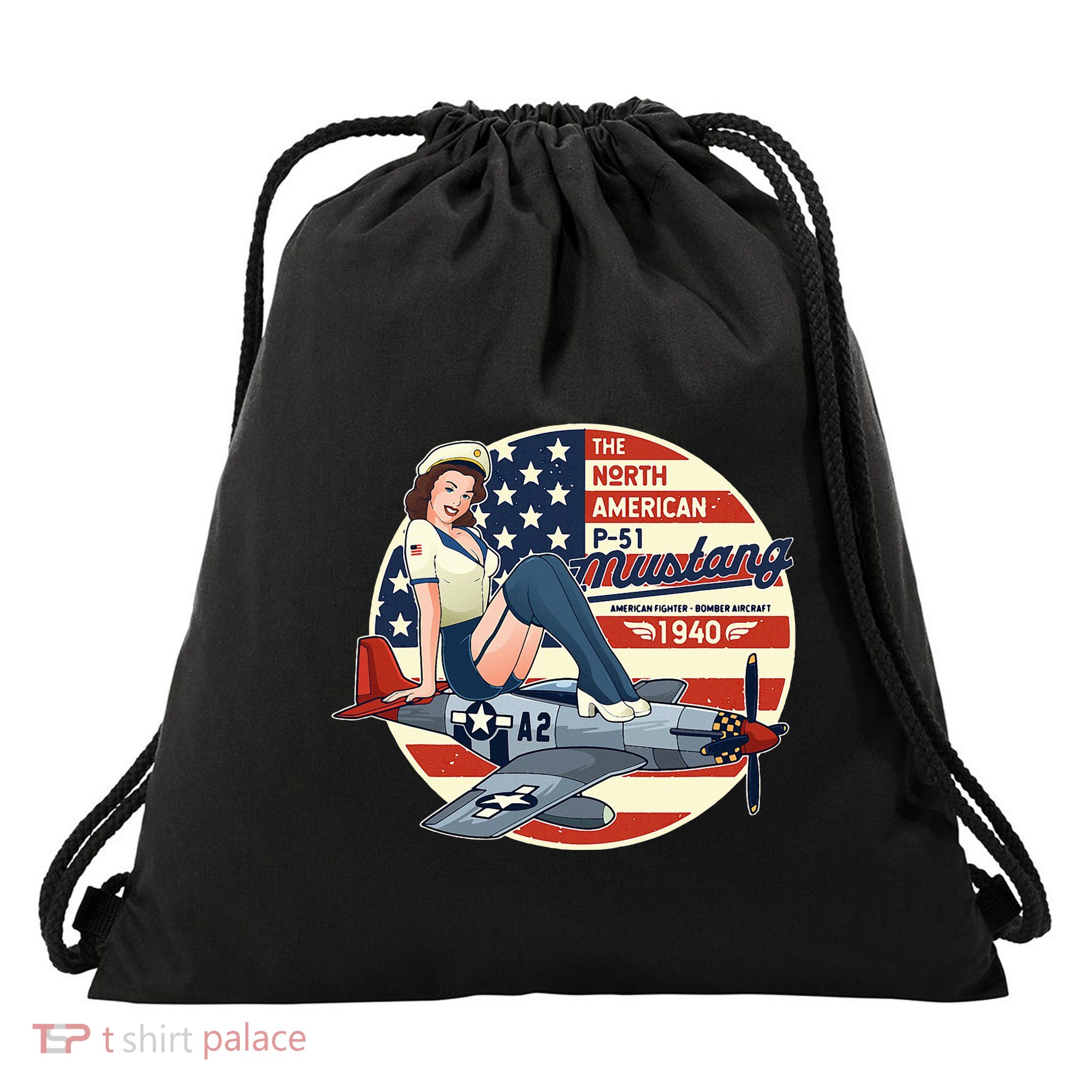 P51 Mustang Airplane Wwii Pinup Drawstring Bag