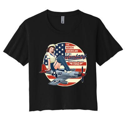 P51 Mustang Airplane Wwii Pinup Women's Crop Top Tee