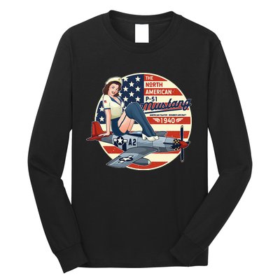 P51 Mustang Airplane Wwii Pinup Long Sleeve Shirt