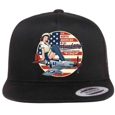 P51 Mustang Airplane Wwii Pinup Flat Bill Trucker Hat