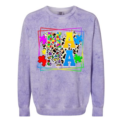 Puzzle Mama Autism Awareness Melanin Autism Leopard Mama Gift Colorblast Crewneck Sweatshirt