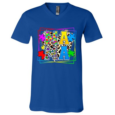 Puzzle Mama Autism Awareness Melanin Autism Leopard Mama Gift V-Neck T-Shirt