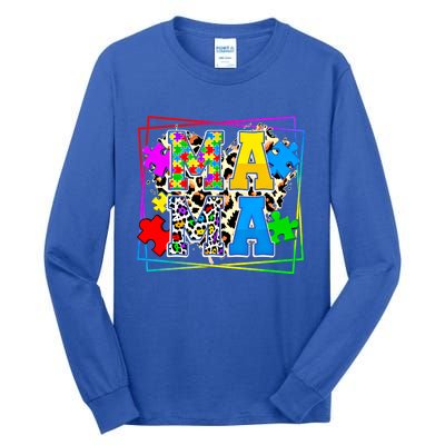 Puzzle Mama Autism Awareness Melanin Autism Leopard Mama Gift Tall Long Sleeve T-Shirt