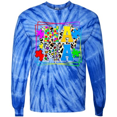 Puzzle Mama Autism Awareness Melanin Autism Leopard Mama Gift Tie-Dye Long Sleeve Shirt