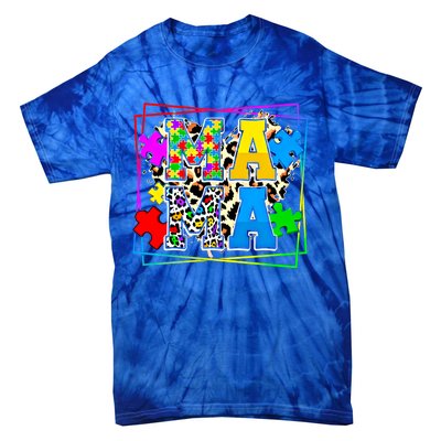 Puzzle Mama Autism Awareness Melanin Autism Leopard Mama Gift Tie-Dye T-Shirt