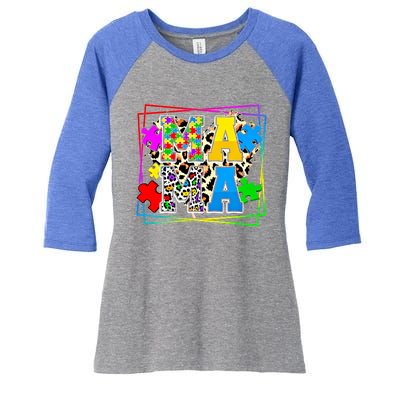 Puzzle Mama Autism Awareness Melanin Autism Leopard Mama Gift Women's Tri-Blend 3/4-Sleeve Raglan Shirt