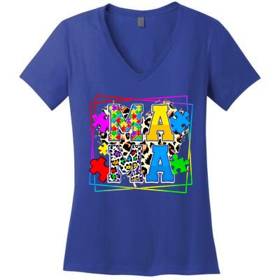 Puzzle Mama Autism Awareness Melanin Autism Leopard Mama Gift Women's V-Neck T-Shirt