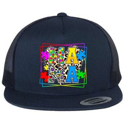 Puzzle Mama Autism Awareness Melanin Autism Leopard Mama Gift Flat Bill Trucker Hat