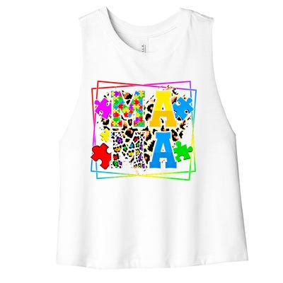 Puzzle Mama Autism Awareness Melanin Autism Leopard Mama Gift Women's Racerback Cropped Tank