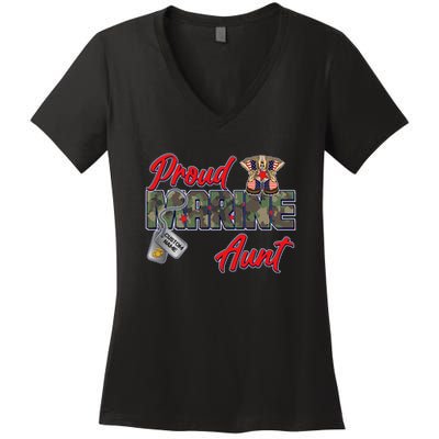 Proud Marine Aunt Personalize Dog Tags Women's V-Neck T-Shirt