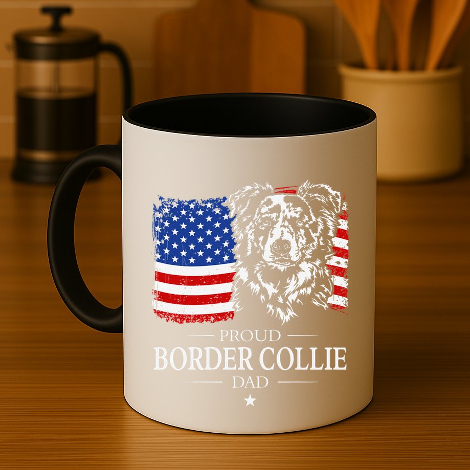 Proud Merle Border Collie Dad American Flag Patriotic Dog Mug