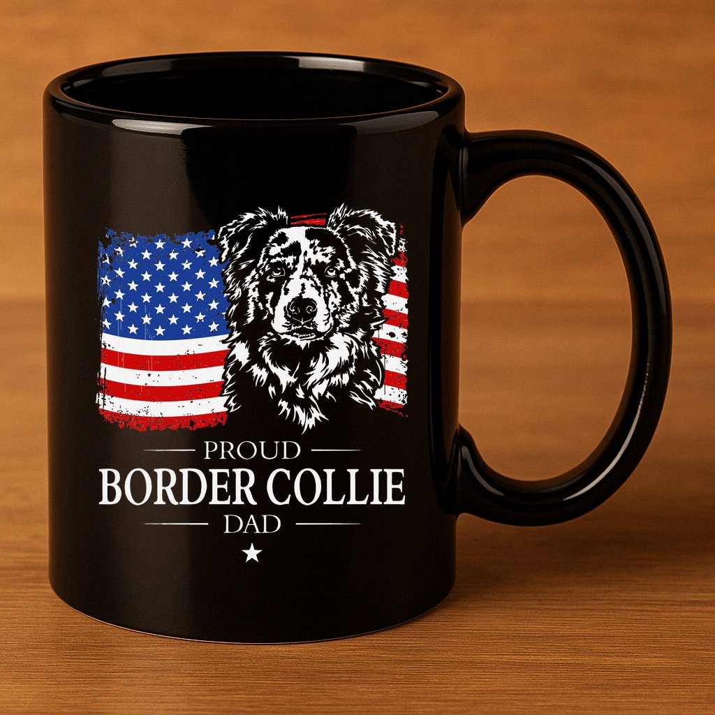 Proud Merle Border Collie Dad American Flag Patriotic Dog 11oz C Handle Ceramic Mug