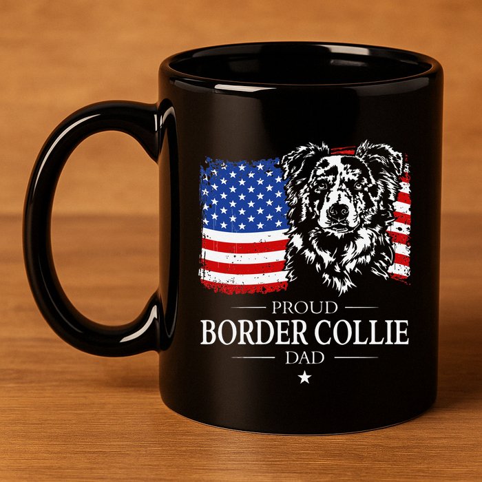 Proud Merle Border Collie Dad American Flag Patriotic Dog 11oz C Handle Ceramic Mug
