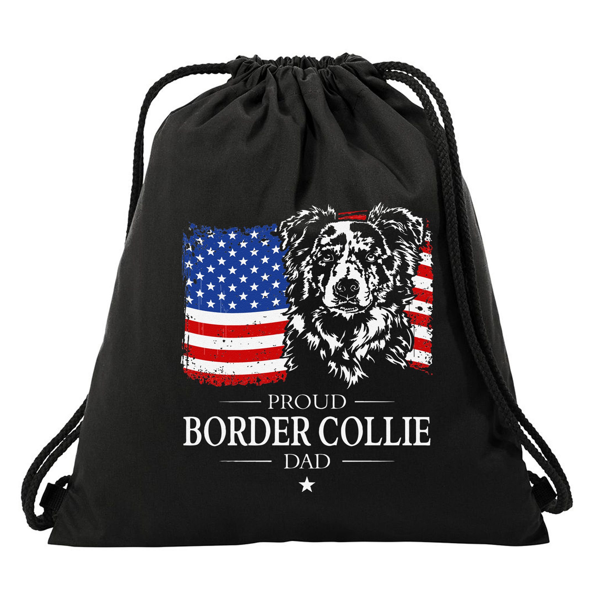 Proud Merle Border Collie Dad American Flag Patriotic Dog Drawstring Bag