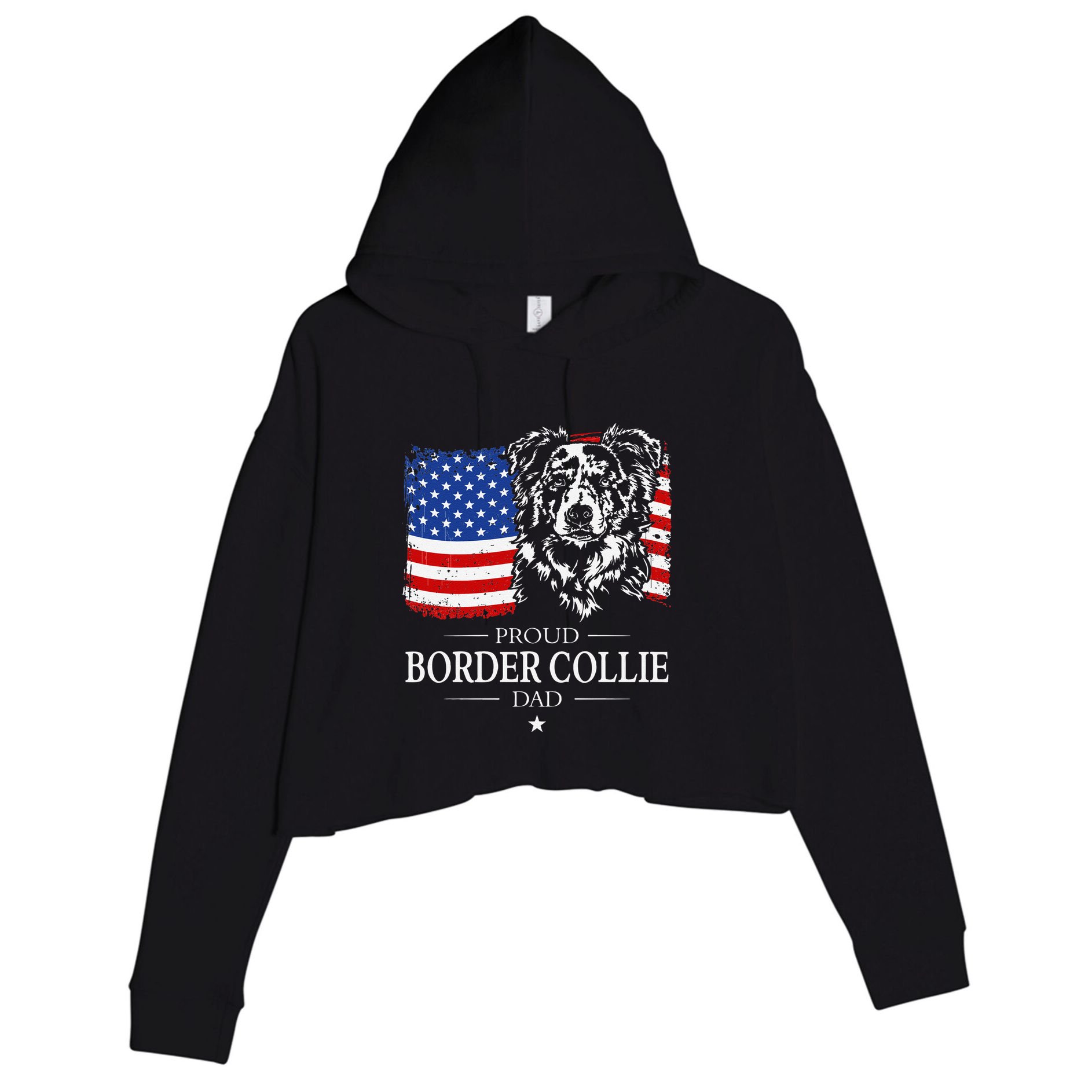 Proud Merle Border Collie Dad American Flag Patriotic Dog Crop Fleece Hoodie
