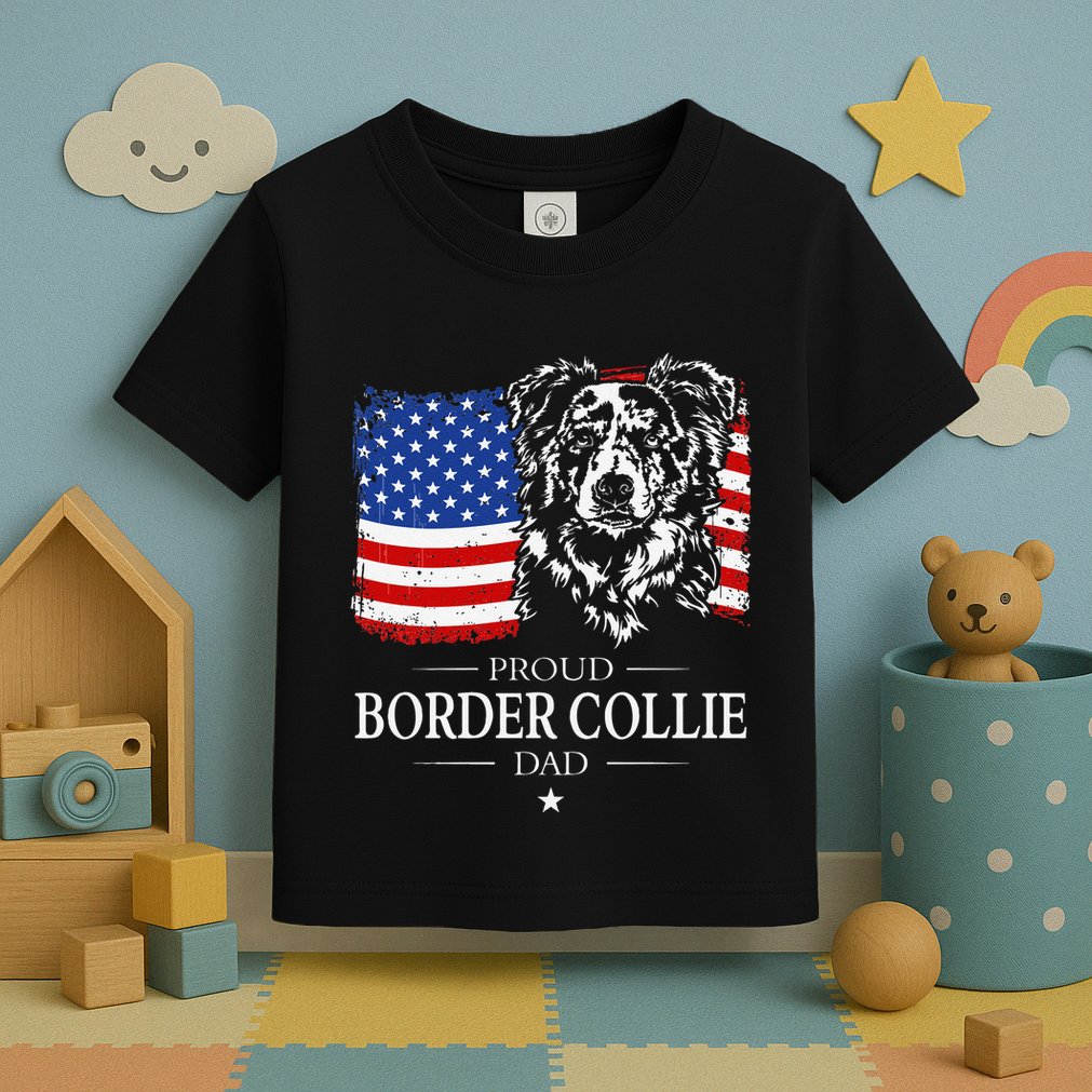 Proud Merle Border Collie Dad American Flag Patriotic Dog Toddler T-Shirt