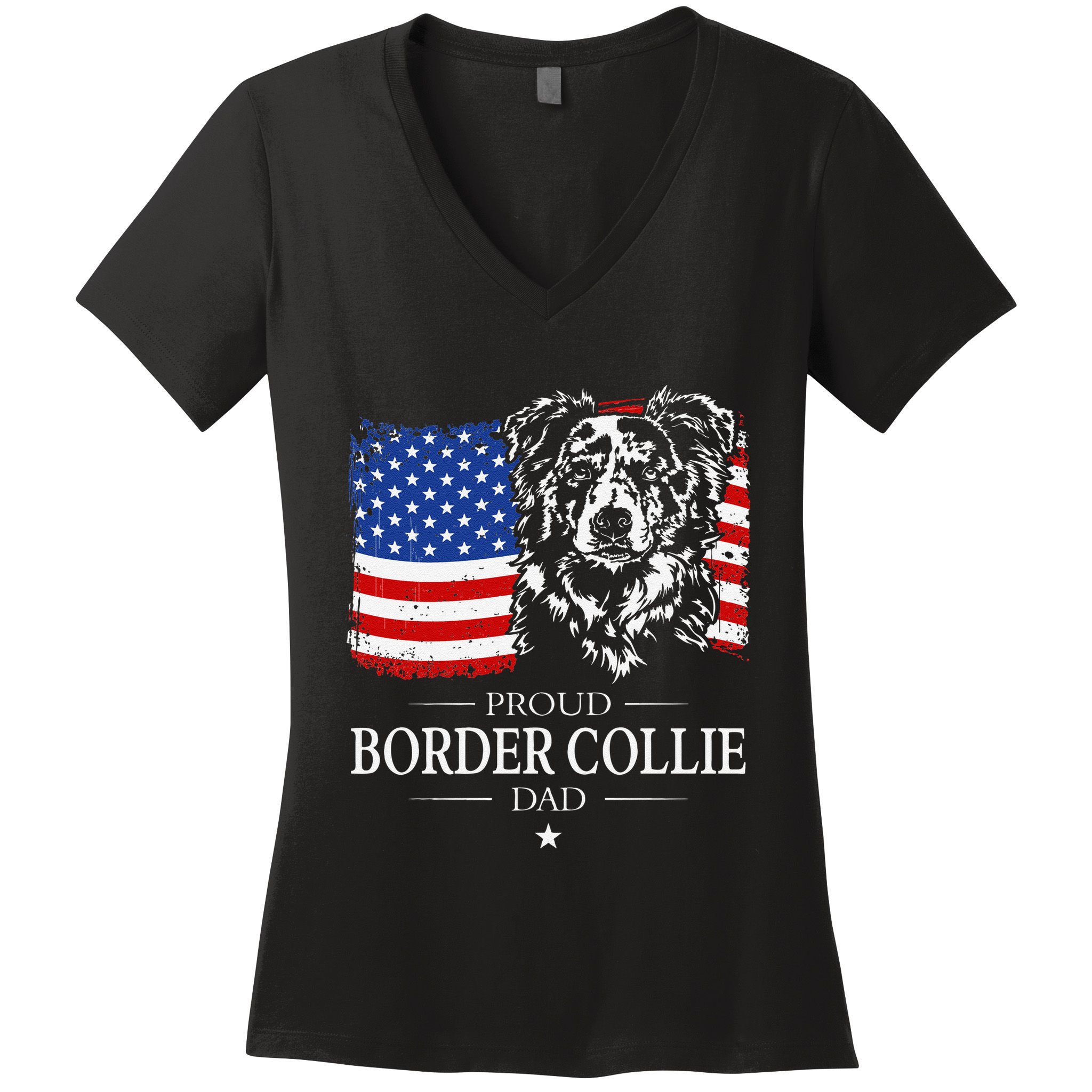 Proud Merle Border Collie Dad American Flag Patriotic Dog Women's V-Neck T-Shirt