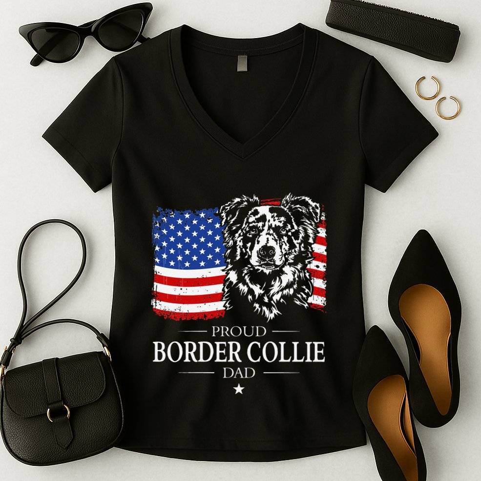 Proud Merle Border Collie Dad American Flag Patriotic Dog Women's V-Neck T-Shirt