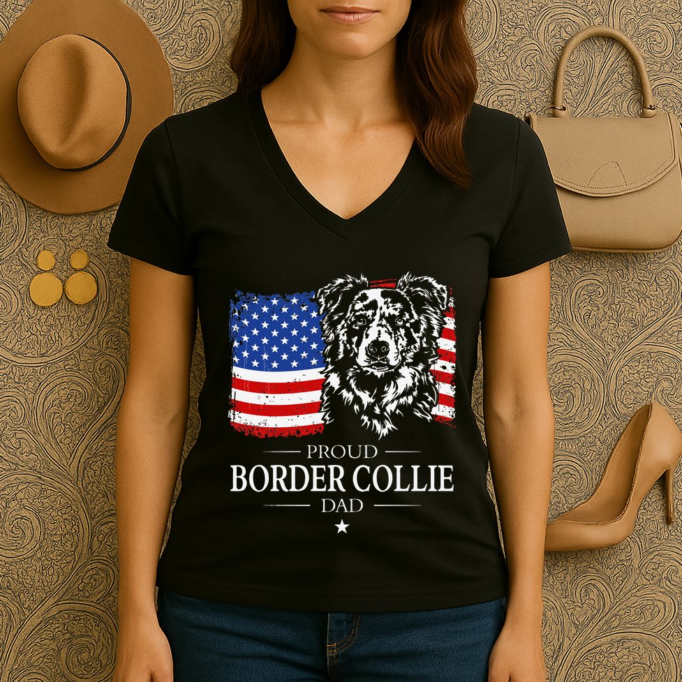 Proud Merle Border Collie Dad American Flag Patriotic Dog Women's V-Neck T-Shirt