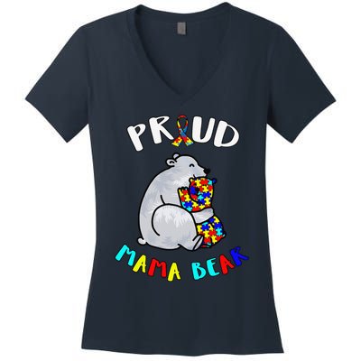 Proud Mama Bear Autism Awareness Day Autistic Month Women's V-Neck T-Shirt