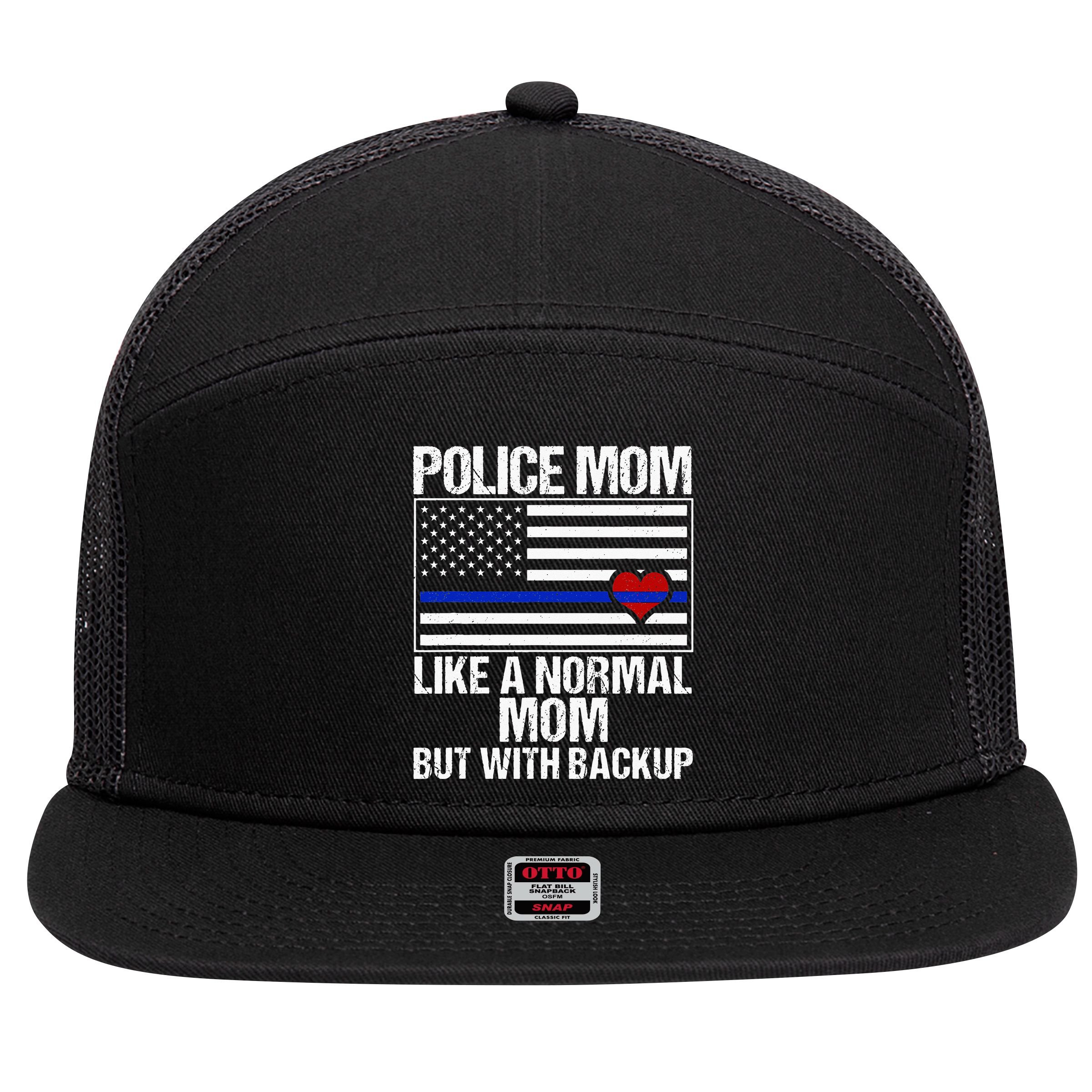 Police Mom Blue Line Flag Heart 7 Panel Mesh Trucker Snapback Hat