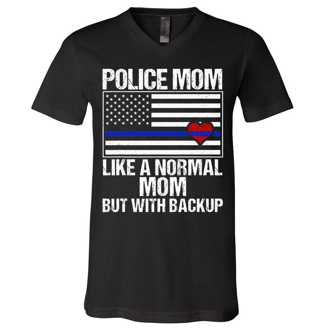 Police Mom Blue Line Flag Heart V-Neck T-Shirt