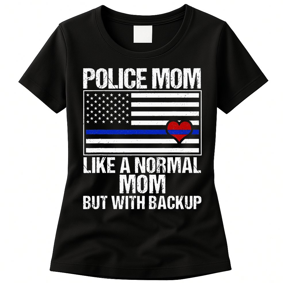 Police Mom Blue Line Flag Heart Womens T-Shirt