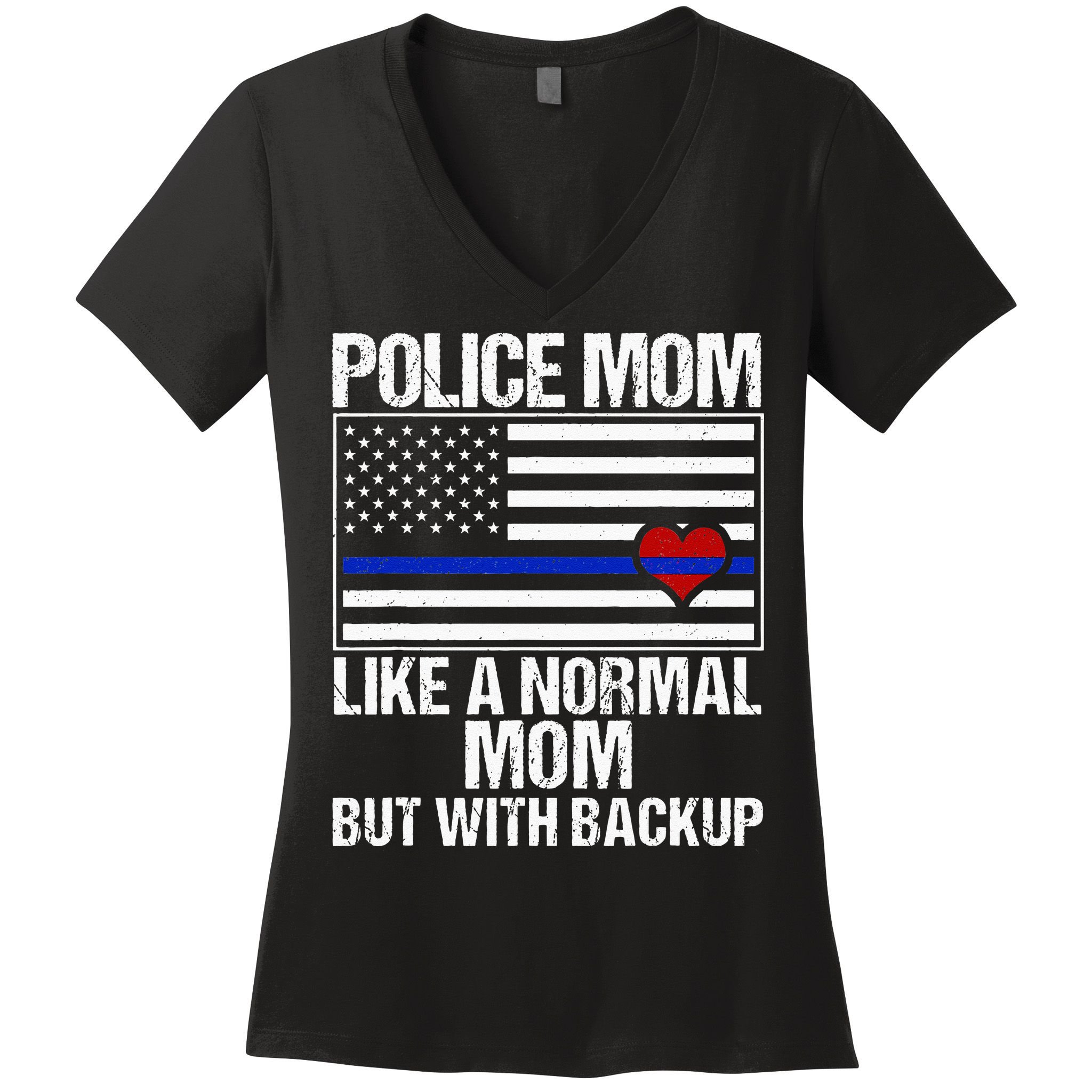 Police Mom Blue Line Flag Heart Women's V-Neck T-Shirt