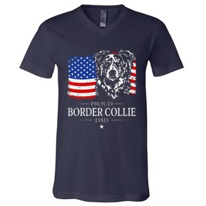 Proud Merle Border Collie Dad American Flag Patriotic Dog V-Neck T-Shirt