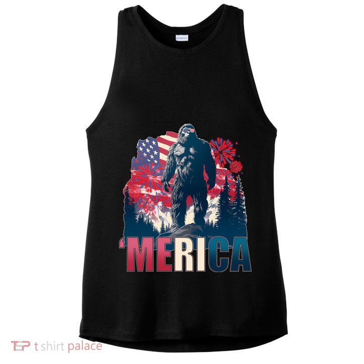 Patriotic Merica Bigfoot Sasquatch Ladies PosiCharge Tri-Blend Wicking Tank