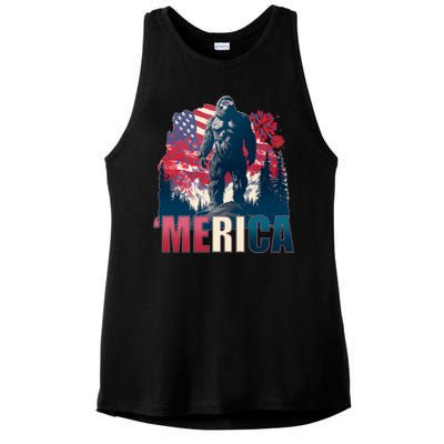 Patriotic Merica Bigfoot Sasquatch Ladies PosiCharge Tri-Blend Wicking Tank