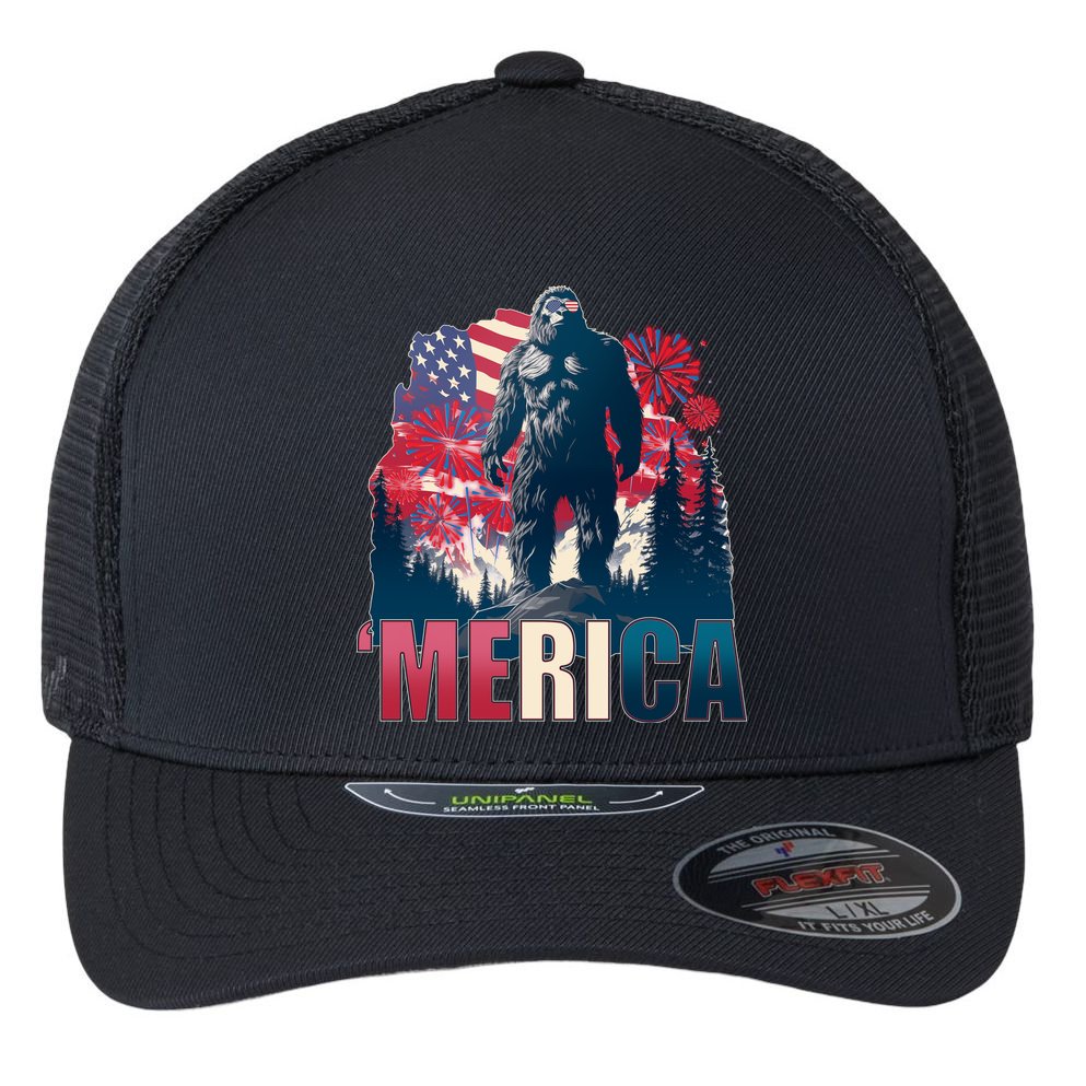 Patriotic Merica Bigfoot Sasquatch Flexfit Unipanel Trucker Cap