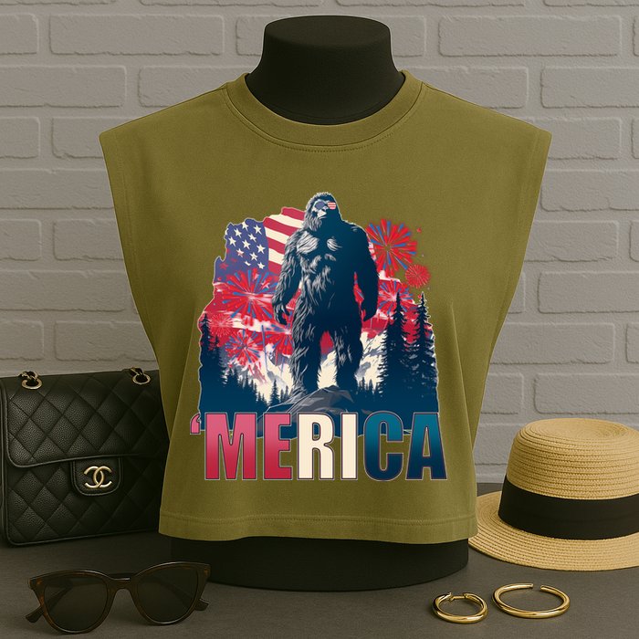 Patriotic Merica Bigfoot Sasquatch Garment-Dyed Women's Muscle Tee