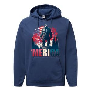 Patriotic Merica Bigfoot Sasquatch Performance Fleece Hoodie