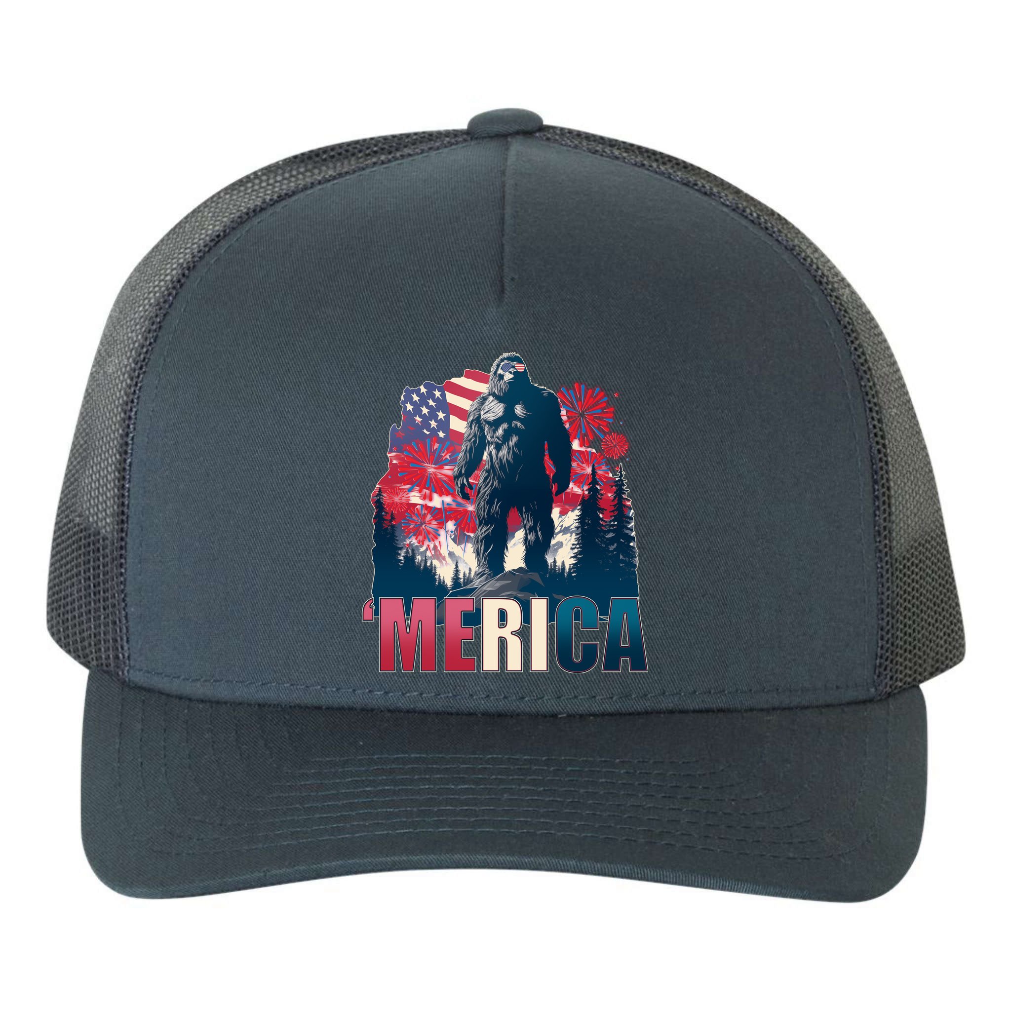 Patriotic Merica Bigfoot Sasquatch Yupoong Adult 5-Panel Trucker Hat