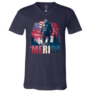 Patriotic Merica Bigfoot Sasquatch V-Neck T-Shirt