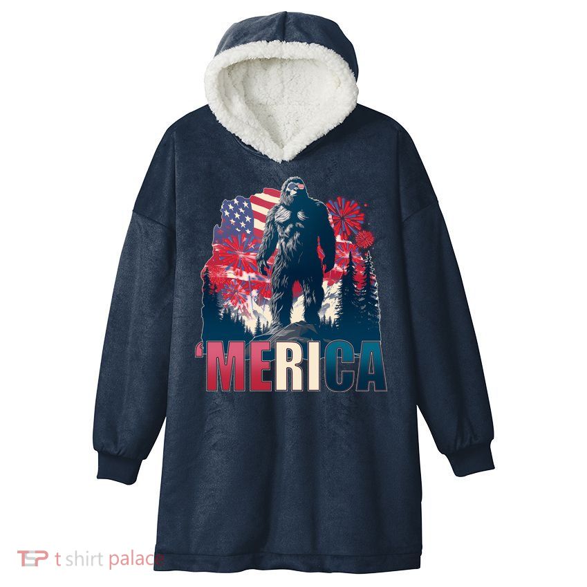 Patriotic Merica Bigfoot Sasquatch Hooded Wearable Blanket