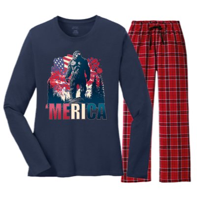 Patriotic Merica Bigfoot Sasquatch Women's Long Sleeve Flannel Pajama Set 