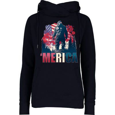 Patriotic Merica Bigfoot Sasquatch Womens Funnel Neck Pullover Hood